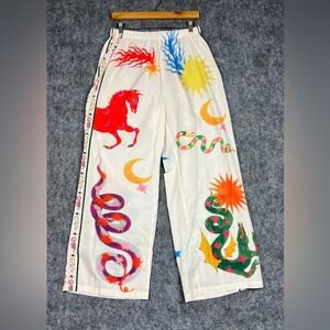 Commense Cream Pajama Bottoms with Red Horse, Green Dragon & Multicolor Snakes